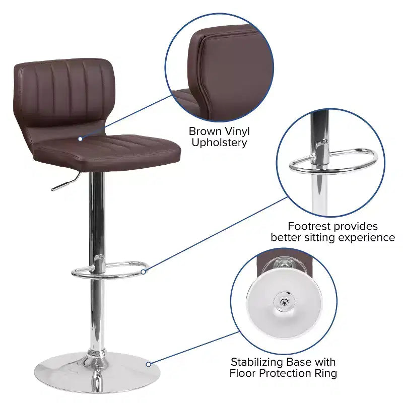 Flash Furniture Contemporary Vinyl Adjustable Height Barstool with Vertical Stitch Back and Chrome Base