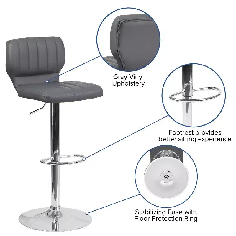 Flash Furniture Contemporary Vinyl Adjustable Height Barstool with Vertical Stitch Back and Chrome Base