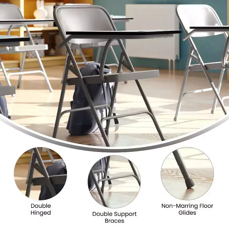 Emma and Oliver 2 Pack Premium Steel Beige Folding Chair with Right Handed Tablet Arm - Event Chair