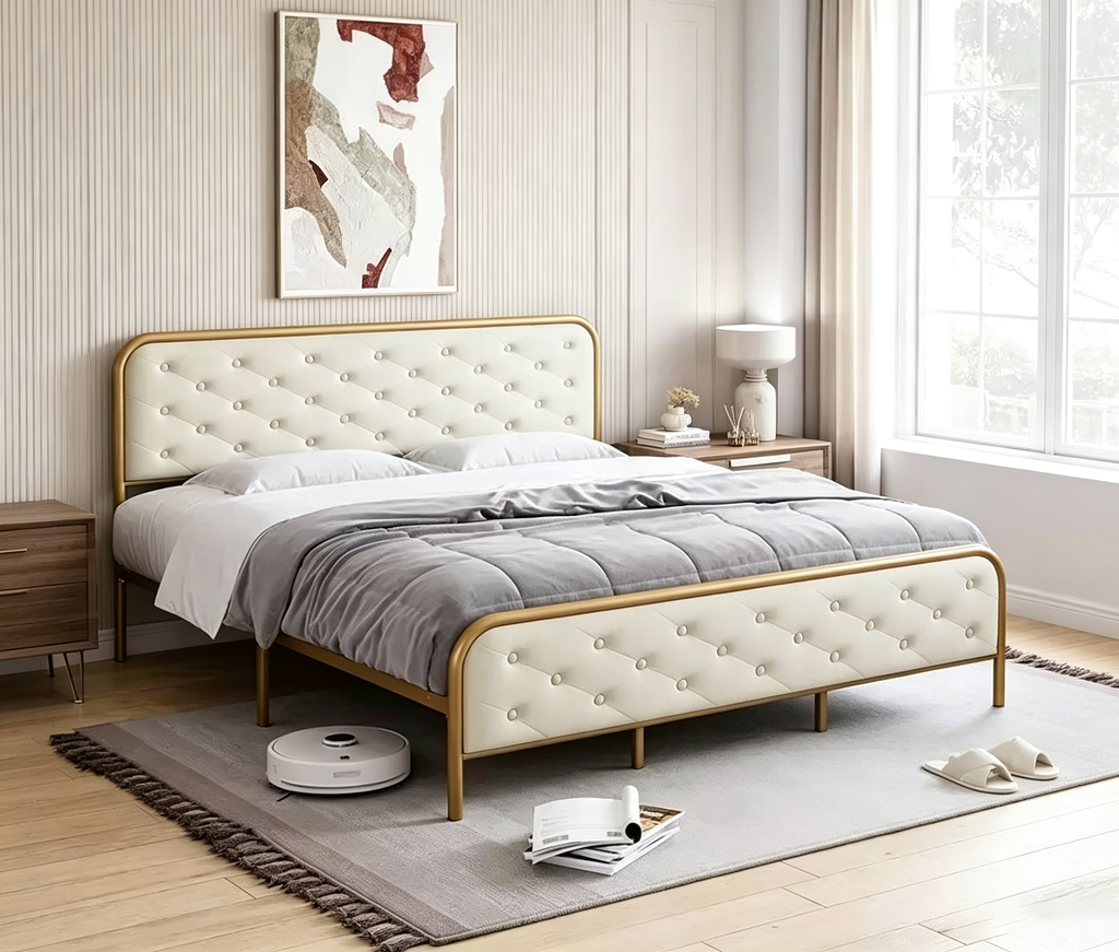 Cadre de lit King Size avec tête et pied de lit en velours de qualité supérieure, design capitonné en losanges, cadre en métal robuste, lattes en bois massif, silencieux